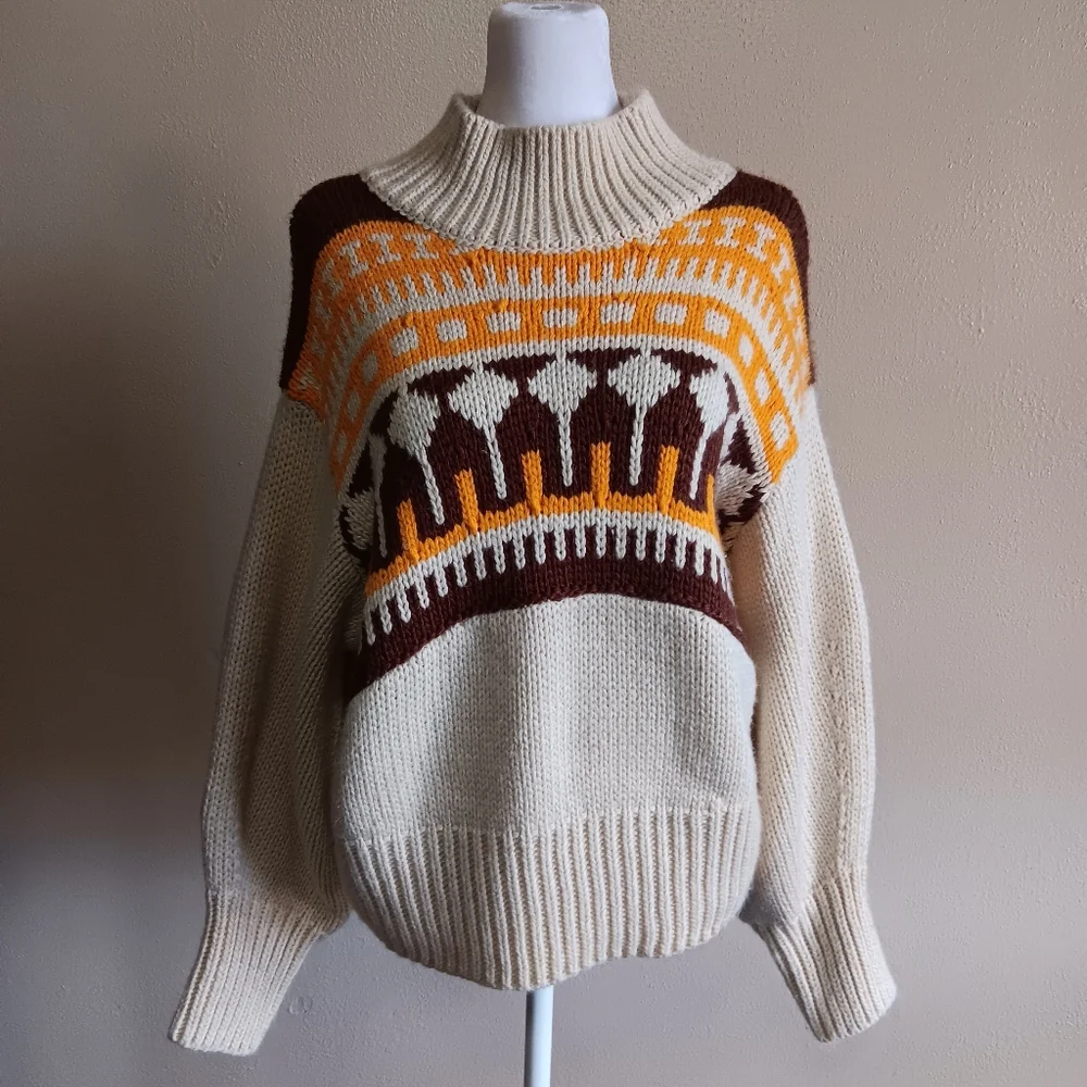 Moodie Medium Boho Western Thick Knit Sweater, Geometric Tan Brown Orange - Picture 1 of 9